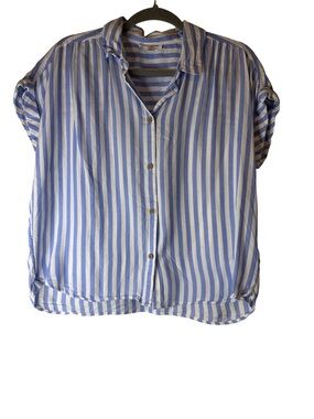beachlunchlounge Blue and White Striped Button-Front Blouse, Sz M